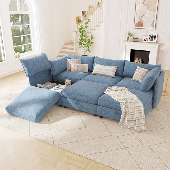 Chalantevo 99" Modular Sectional Sleeper Sofa Bed with Storage & Washable Covers,6-Seater Chenille,Movable Ottoman,for Living Room,Blue