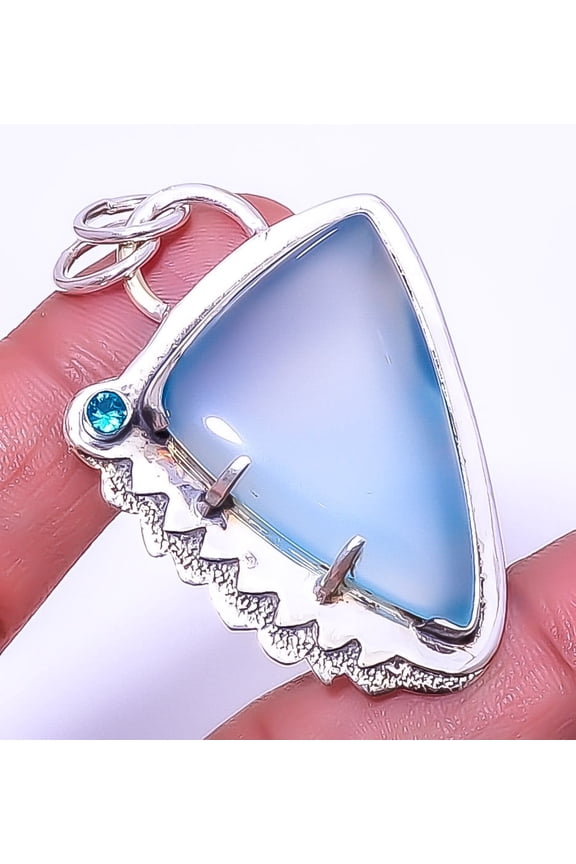Chalcedony - Brazil & Blue Topaz Gemstone 925 Silver Plated Pendant 1.95" A370, Valentine's Day Gift, Birthday Gift, Beautiful Jewelry For Woman