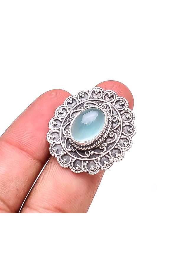 Chalcedony - Brazil Designer Handmade Oxidised 925 Sterling Silver Ring S.9 R31