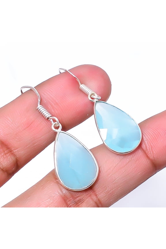 Chalcedony Gemstone 925 Sterling Silver Handmade Bezel Earring 1.48" E117