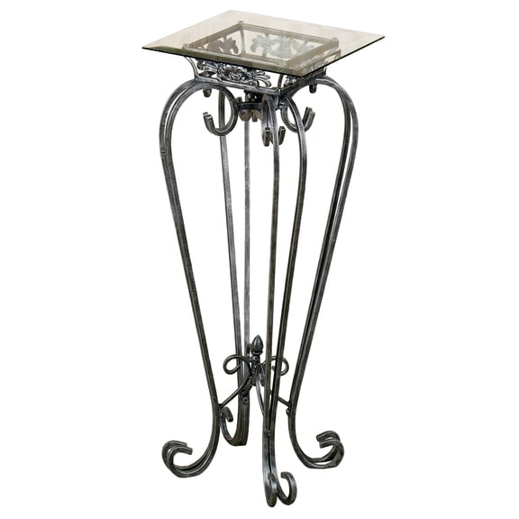 Chalcedony Metal Scroll Pedestal Table with Beveled Glass Top Antique Pewter 30" High
