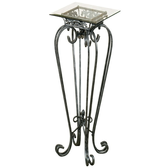 Chalcedony Metal Scroll Pedestal Table with Beveled Glass Top Antique Pewter 36" High