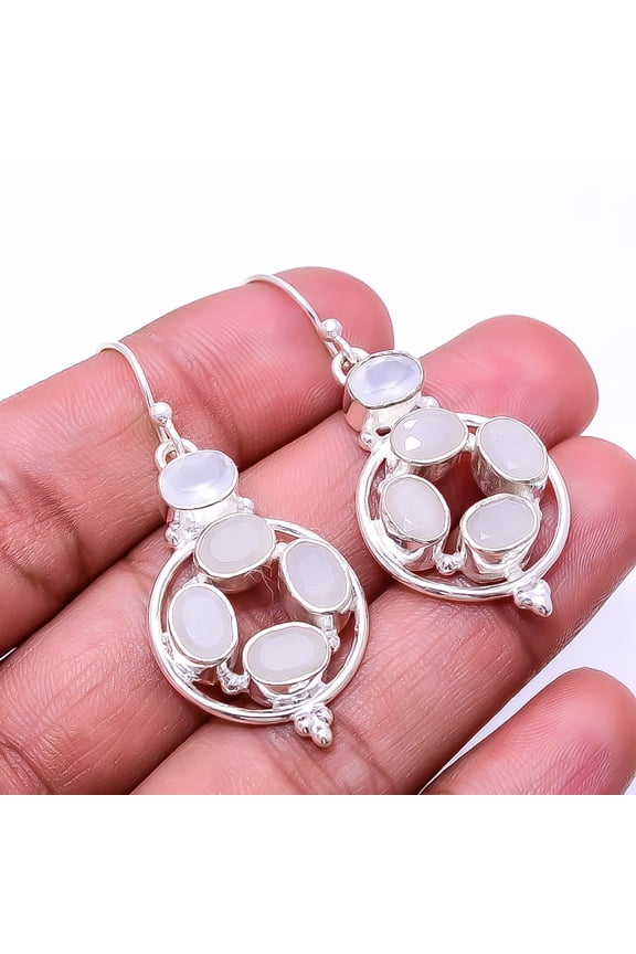 Chalcedony Multi Collet 925 Silver Plated Earring 1.83", Chalcedony Earring E_8026_331_21