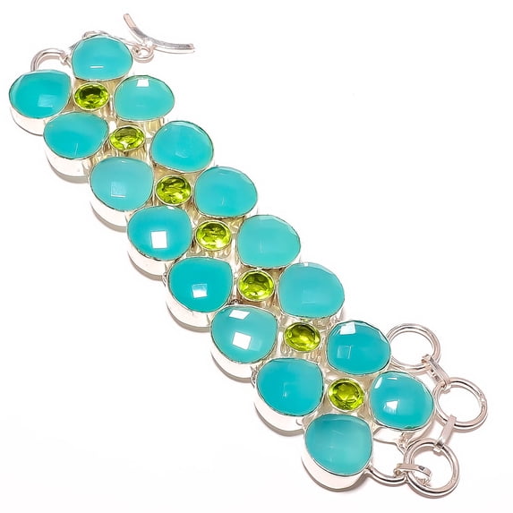Chalcedony & Peridot 925 Silver Plated Ethnic Bracelet 7-7.99" TB0-81, Valentine's Day Gift, Birthday Gift, Beautiful Jewelry For Woman & Girls
