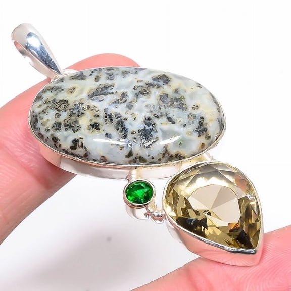 Chalco Pyrite & Smokey Quartz & Emerald 925 Sterling Silver Pendant 2.56" T88, Chalcopyrite Pendant, Christmas Gift, New Year Sale, Gemstone Silver Je