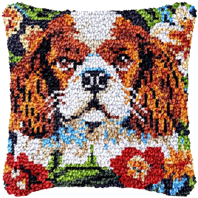 Chales Collie Latch Hook Pillow Cover Kits for DIY Handmade Throw Pillow Cross Stitch Latch Hook Pillowcase Rug Kits with Preprinted Color Pattern Canvas Crochet Yarn Kits 17''X 17''(ys114)