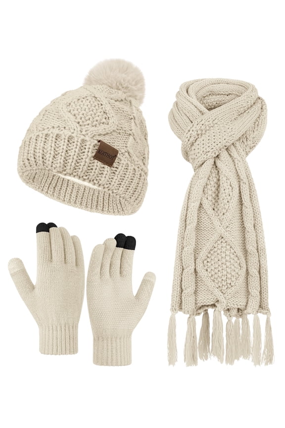 3 Pieces Women Winter Beanie Hat Gloves Scarf Set, Soft Warm Thick Touch Screen Knitted Beige