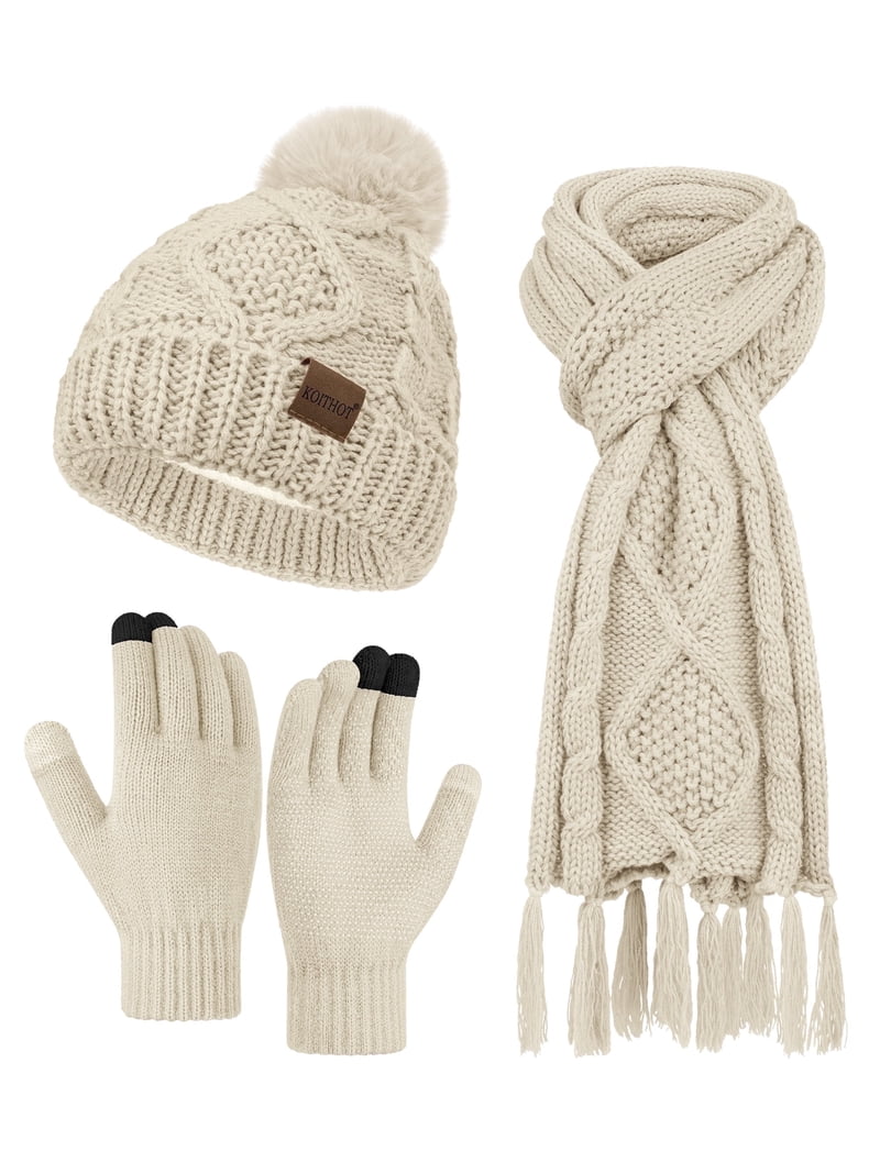 D&Y Cream Thick Knit Beanie Hat and Gloves Set 3Pcs Winter Scarf Hat Gloves Sets For Women Solid Color Knit  main image 2