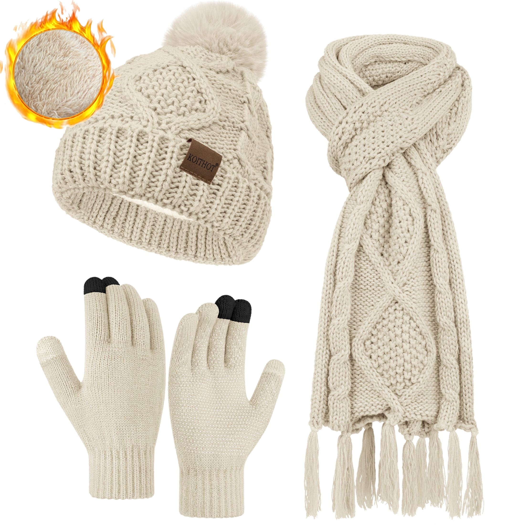 KOITHOT 3 Pieces Women Winter Hat Gloves Scarf Set, Soft 