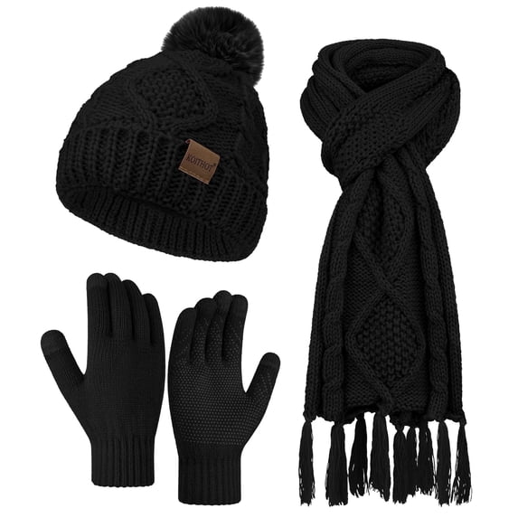 KOITHOT 3 Pieces Women Winter Beanie Hat Gloves Scarf Set, Soft Warm Thick Touch Screen Knitted Black