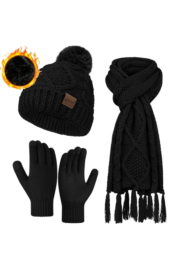 3 Pieces Women Winter Beanie Hat Gloves Scarf Set, Soft Warm Thick Touch Screen Knitted Black
