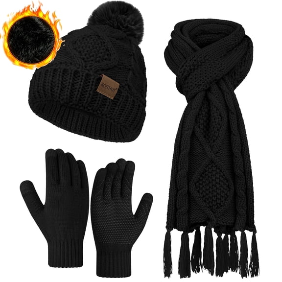 KOITHOT 3 Pieces Women Winter Beanie Hat Gloves Scarf Set, Soft Warm Thick Touch Screen Knitted Black