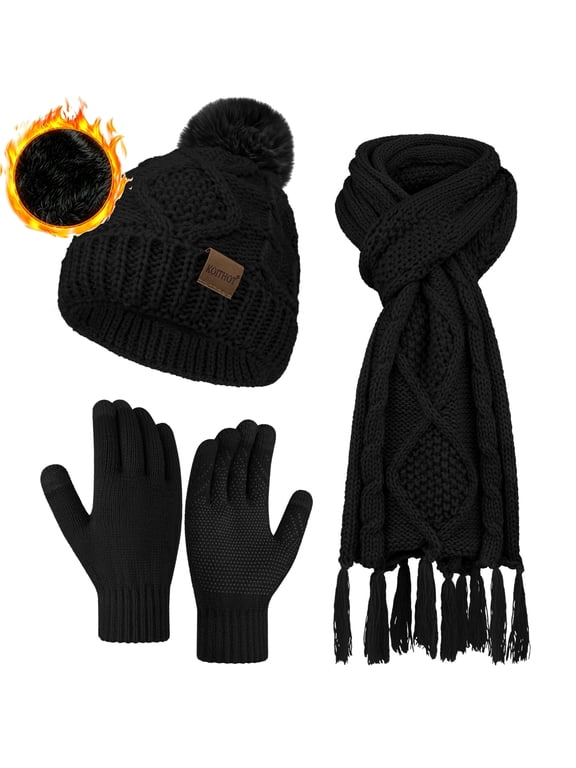 3 Pieces Women Winter Beanie Hat Gloves Scarf Set, Soft Warm Thick Touch Screen Knitted Black