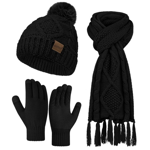 KOITHOT 3 Pieces Women Winter Beanie Hat Gloves Scarf Set, Soft Warm Thick Touch Screen Knitted Black