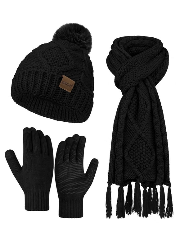 3 Pieces Women Winter Beanie Hat Gloves Scarf Set, Soft Warm Thick Touch Screen Knitted Black