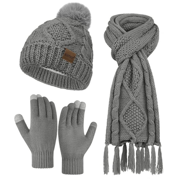 KOITHOT 3 Pieces Women Winter Beanie Hat Gloves Scarf Set, Soft Warm Thick Touch Screen Knitted Gray