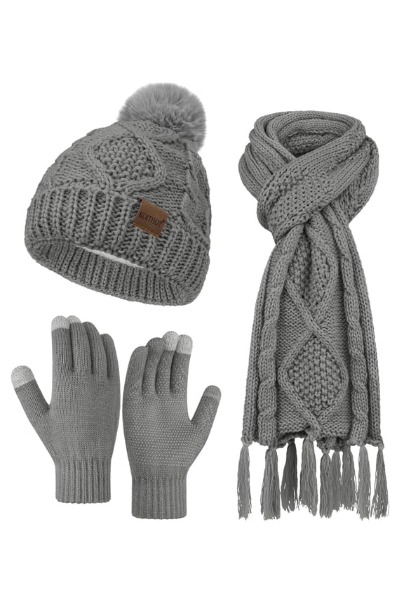 3 Pieces Women Winter Beanie Hat Gloves Scarf Set, Soft Warm Thick Touch Screen Knitted Gray