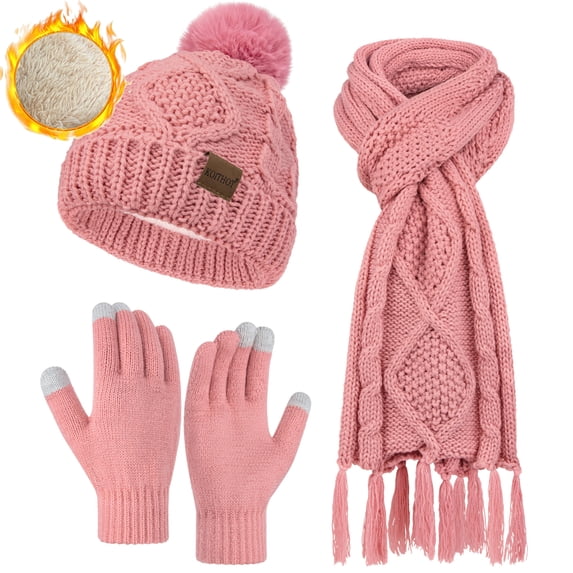 KOITHOT 3 Pieces Women Winter Beanie Hat Gloves Scarf Set, Soft Warm Thick Touch Screen Knitted Pink