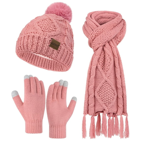 KOITHOT 3 Pieces Women Winter Beanie Hat Gloves Scarf Set, Soft Warm Thick Touch Screen Knitted Pink