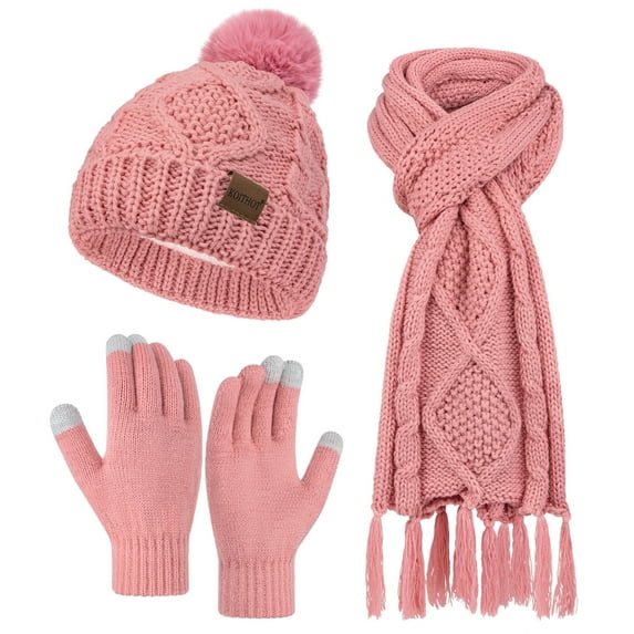 KOITHOT 3 Pieces Women Winter Beanie Hat Gloves Scarf Set, Soft Warm Thick Touch Screen Knitted Pink