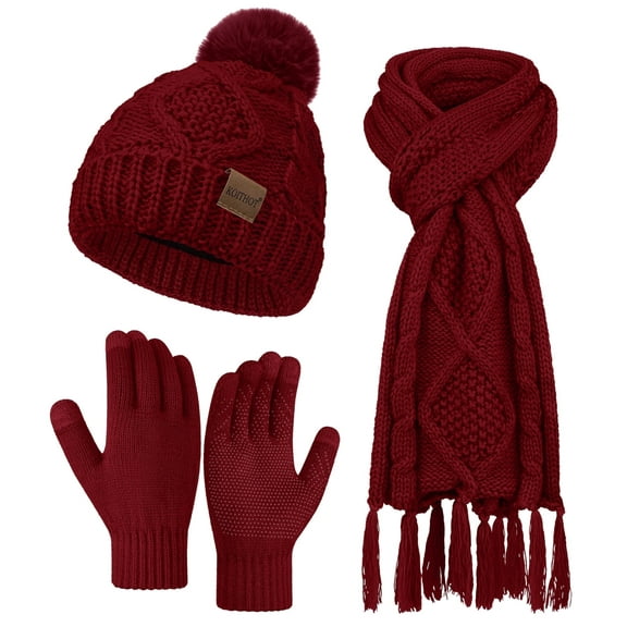 KOITHOT 3 Pieces Women Winter Beanie Hat Gloves Scarf Set, Soft Warm Thick Touch Screen Knitted Red