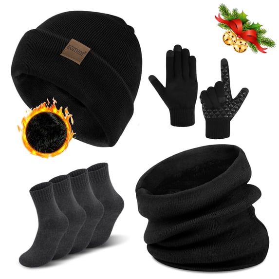 KOITHOT 5 Pcs Winter Beanie Hat Scarf Touchscreen Gloves Set with Wool Socks for Men Women Black