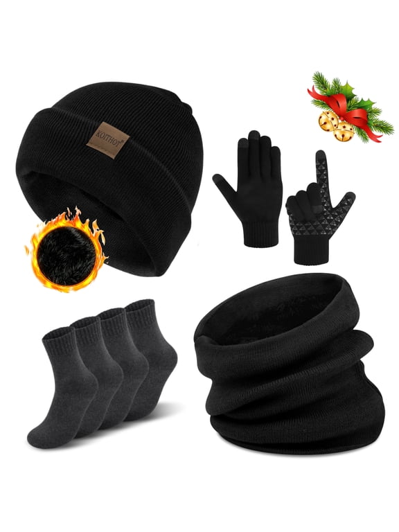 5 Pcs Winter Beanie Hat Scarf Touchscreen Gloves Set with Wool Socks for Men Women Black