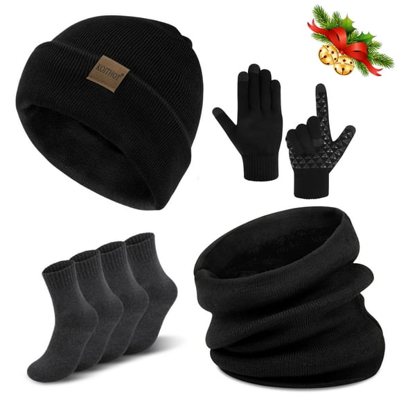KOITHOT 5 Pcs Winter Beanie Hat Scarf Touchscreen Gloves Set with Wool Socks for Men Women Black