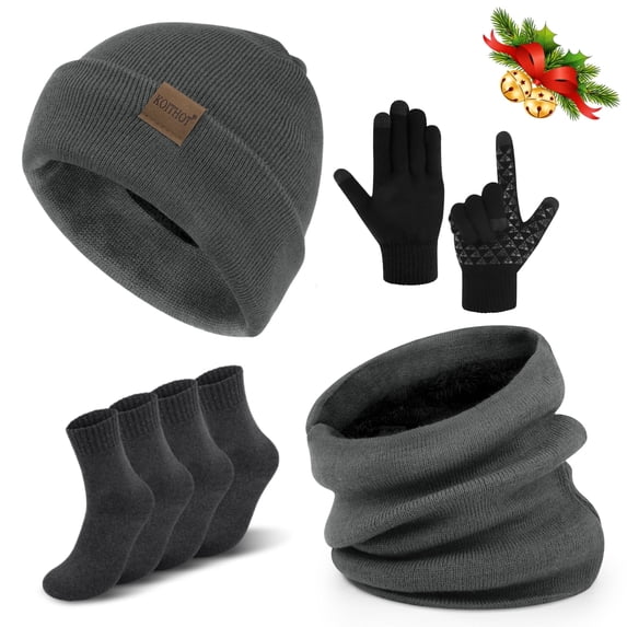 KOITHOT 5 Pcs Winter Beanie Hat Scarf Touchscreen Gloves Set with Wool Socks for Men Women Gray