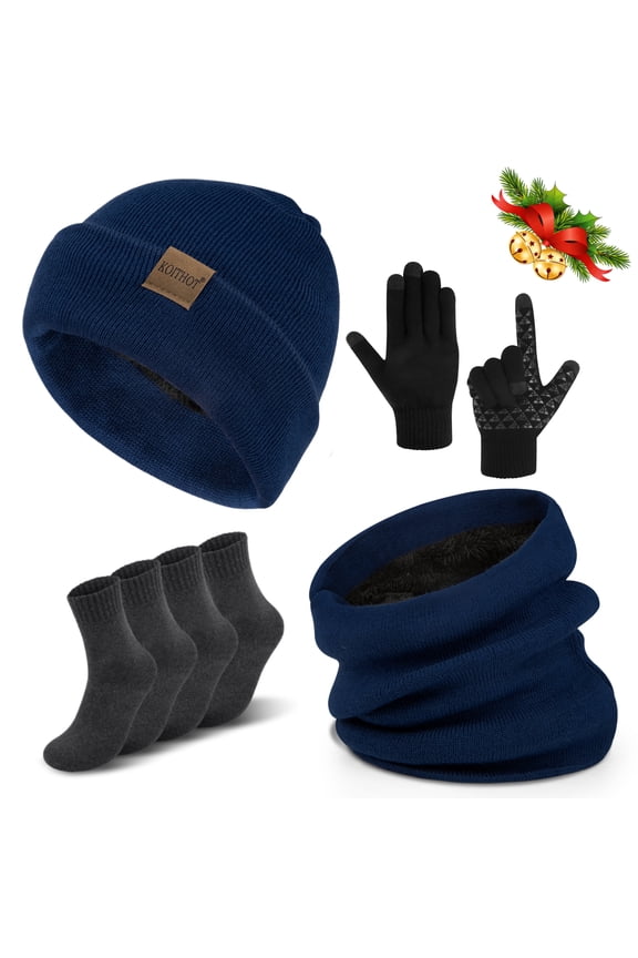 5 Pcs Winter Beanie Hat Scarf Touchscreen Gloves Set with Wool Socks for Men Women Navy blue