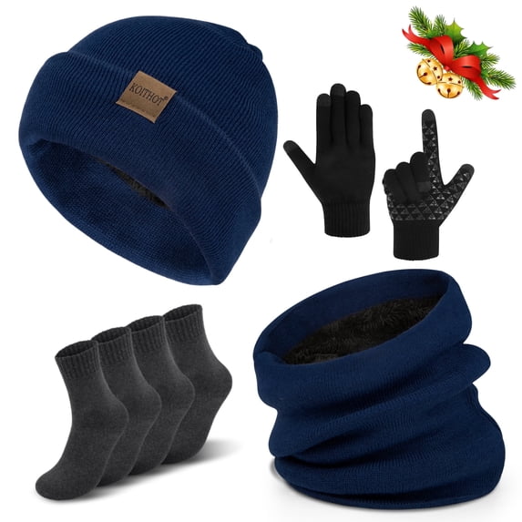 KOITHOT 5 Pcs Winter Beanie Hat Scarf Touchscreen Gloves Set with Wool Socks for Men Women Navy blue