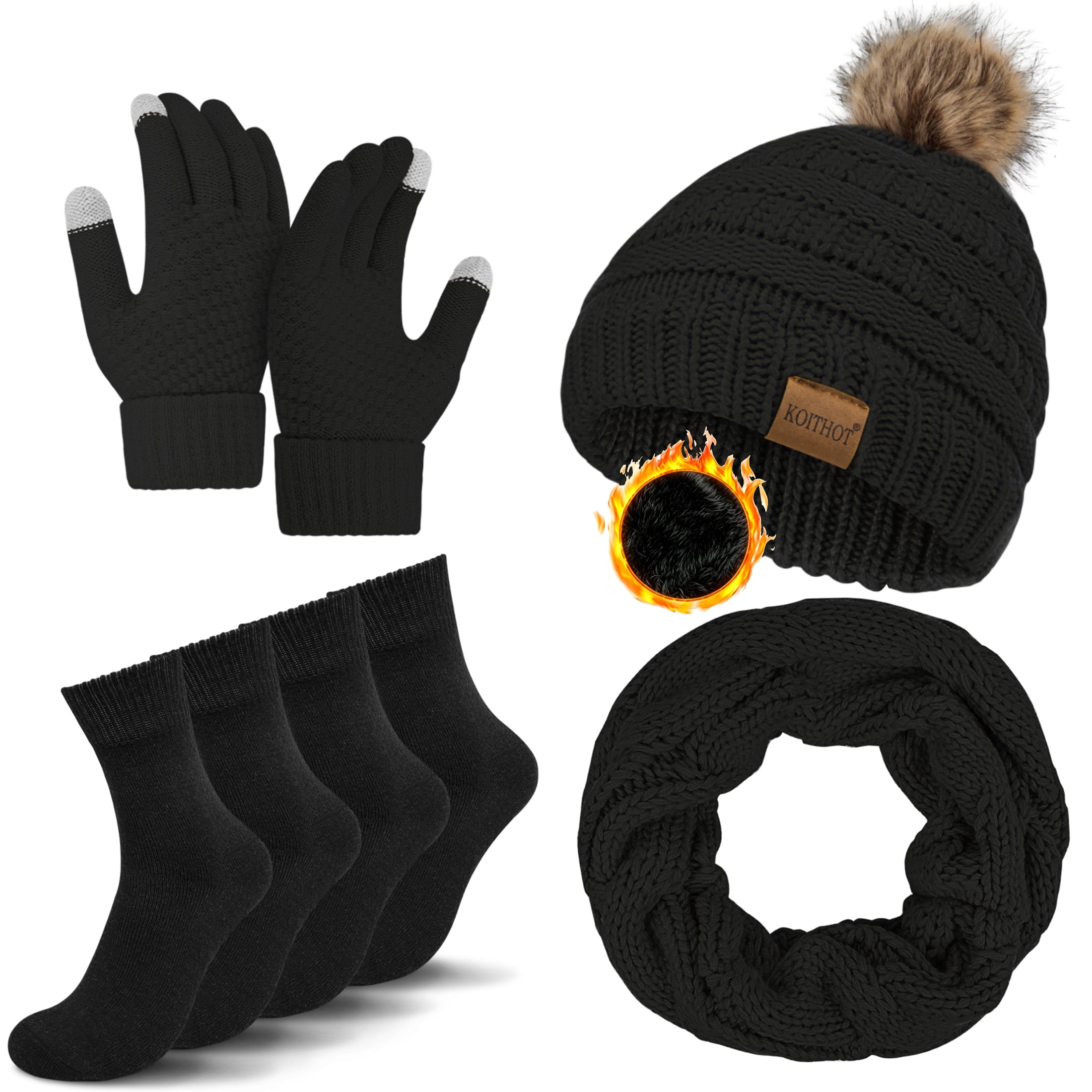 KOITHOT 5 Pcs Women Winter Hat Gloves Scarf Set, Warm Thick 