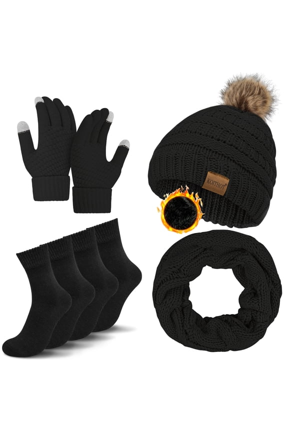 5 Pcs Women Winter Beanie Hat Gloves Scarf Set, Warm Thick Soft Knitted Touch Screen Black