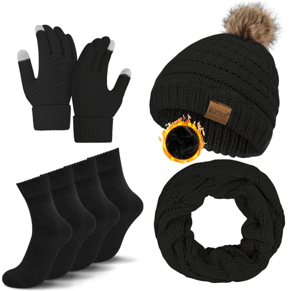 KOITHOT 5 Pcs Women Winter Beanie Hat Gloves Scarf Set, Warm Thick Soft Knitted Touch Screen Black