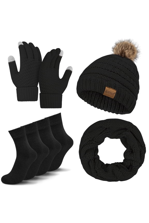 5 Pcs Women Winter Beanie Hat Gloves Scarf Set, Warm Thick Soft Knitted Touch Screen Black