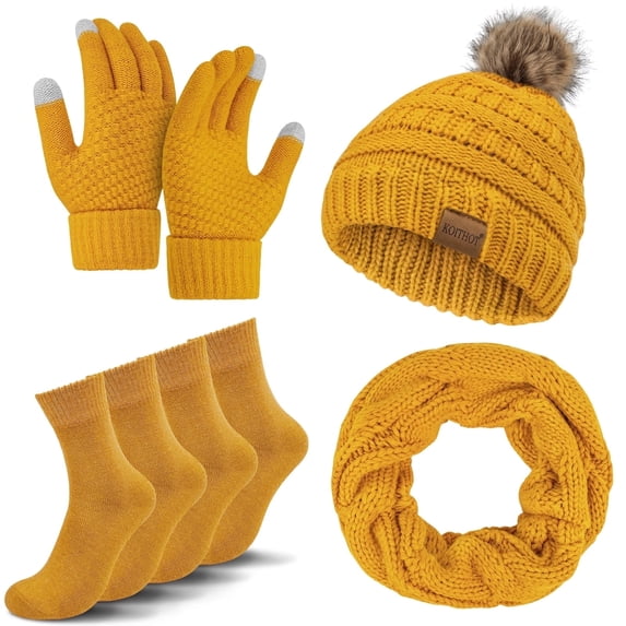 KOITHOT 5 Pcs Women Winter Beanie Hat Gloves Scarf Set, Warm Thick Soft Knitted Touch Screen Ginger