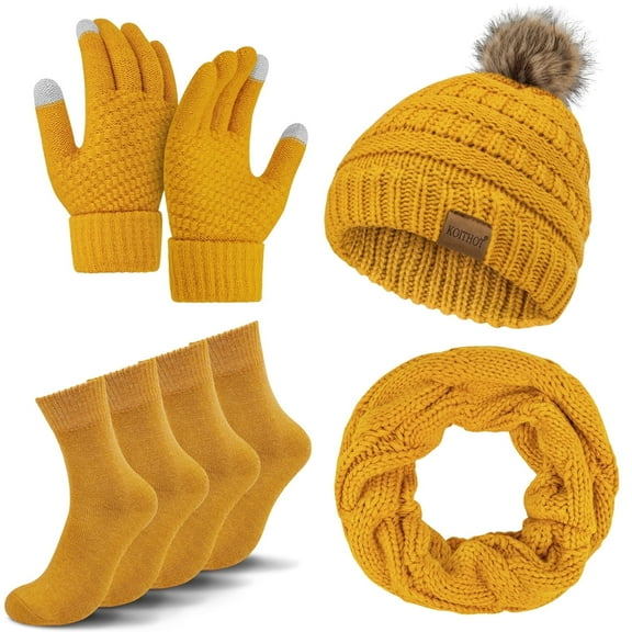 KOITHOT 5 Pcs Women Winter Beanie Hat Gloves Scarf Set, Warm Thick Soft Knitted Touch Screen Ginger