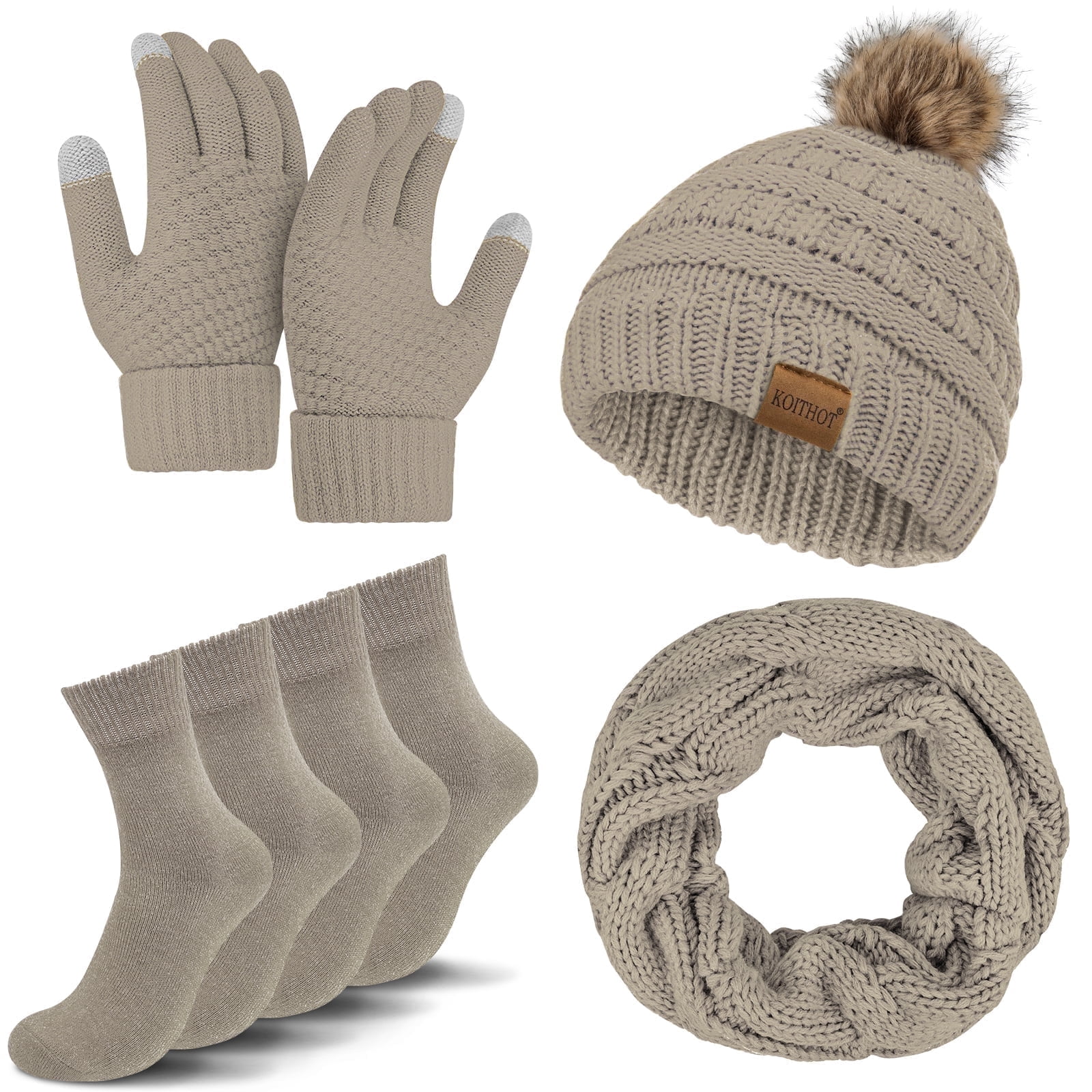 KOITHOT 5 Pcs Women Winter Beanie Hat Gloves Scarf Set, Warm 