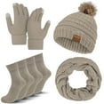 thumbnail image 1 of KOITHOT 5 Pcs Women Winter Beanie Hat Gloves Scarf Set, Warm Thick Soft Knitted Touch Screen Khaki, 1 of 6