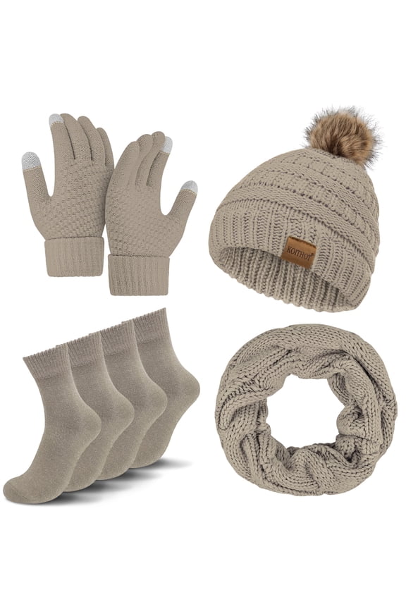 5 Pcs Women Winter Beanie Hat Gloves Scarf Set, Warm Thick Soft Knitted Touch Screen Khaki