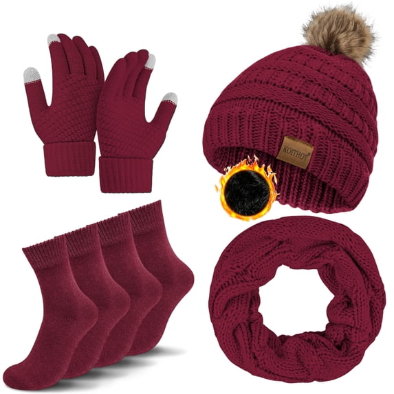 KOITHOT 5 Pcs Women Winter Beanie Hat Gloves Scarf Set, Warm Thick Soft Knitted Touch Screen Wine red