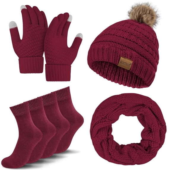 KOITHOT 5 Pcs Women Winter Beanie Hat Gloves Scarf Set, Warm Thick Soft Knitted Touch Screen Wine red
