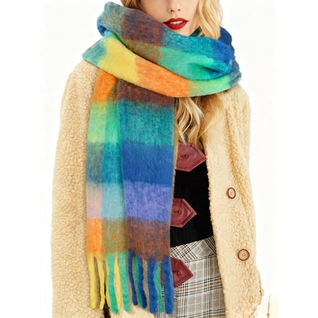KOITHOT Winter Womens Scarf, Big Coloured Checked Soft Thick Warm Scarves Rainbow