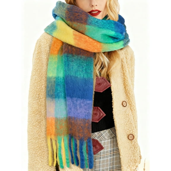 KOITHOT Winter Womens Scarf, Big Coloured Checked Soft Thick Warm Scarves Rainbow