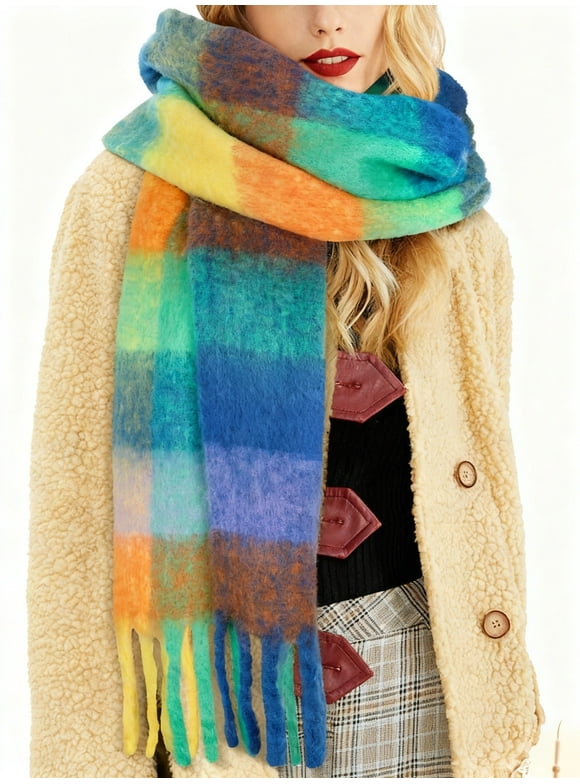 Winter Womens Scarf, Big Coloured Checked Soft Thick Warm Scarves Rainbow