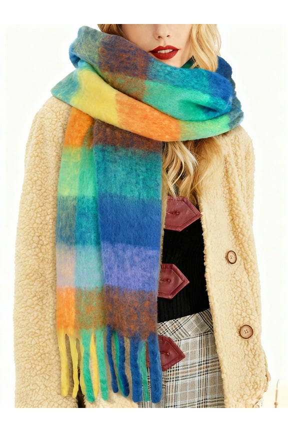 Winter Womens Scarf, Big Coloured Checked Soft Thick Warm Scarves Rainbow