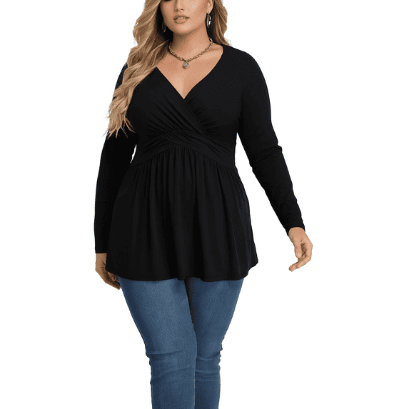 KOITHOT Women Plus Size Top Long Sleeve Floral Print Tops Pleated Casual V Neck Tunic Blouse