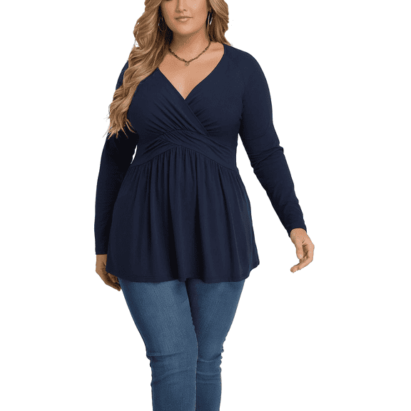 KOITHOT Women Plus Size Top Long Sleeve Floral Print Tops Pleated Casual V Neck Tunic Blouse