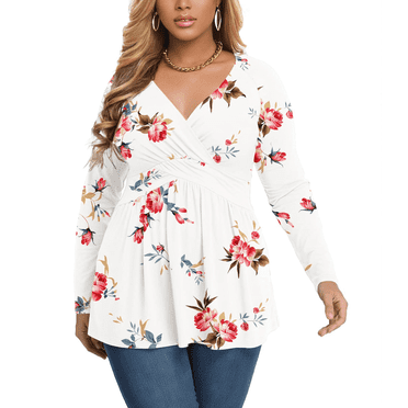 KOITHOT Women Plus Size Top Long Sleeve Floral Print Tops Pleated Casual V Neck Tunic Blouse