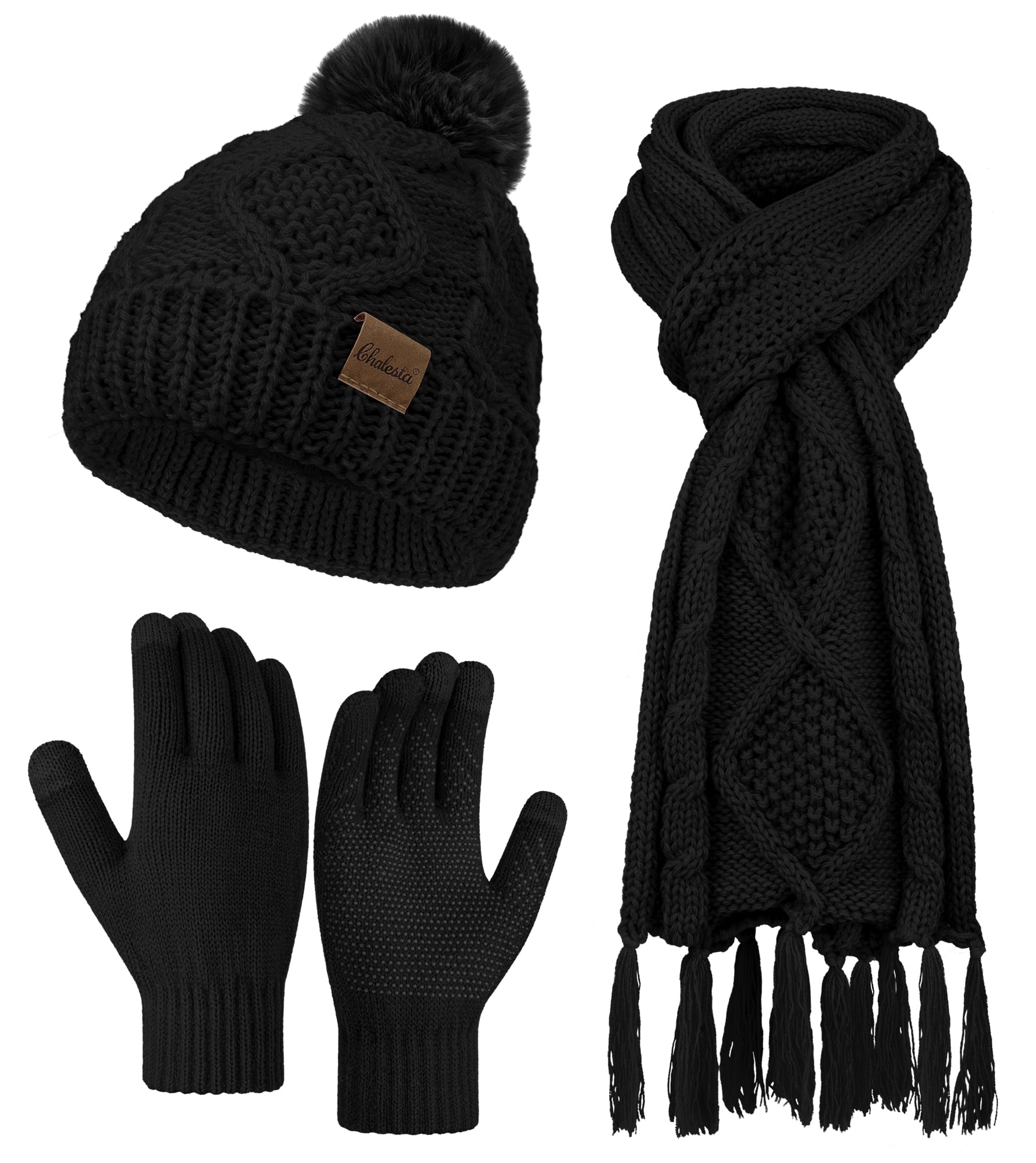 Chalesta 3 Pieces Women Winter Hat Gloves Scarf Set, Soft Warm Thick ...